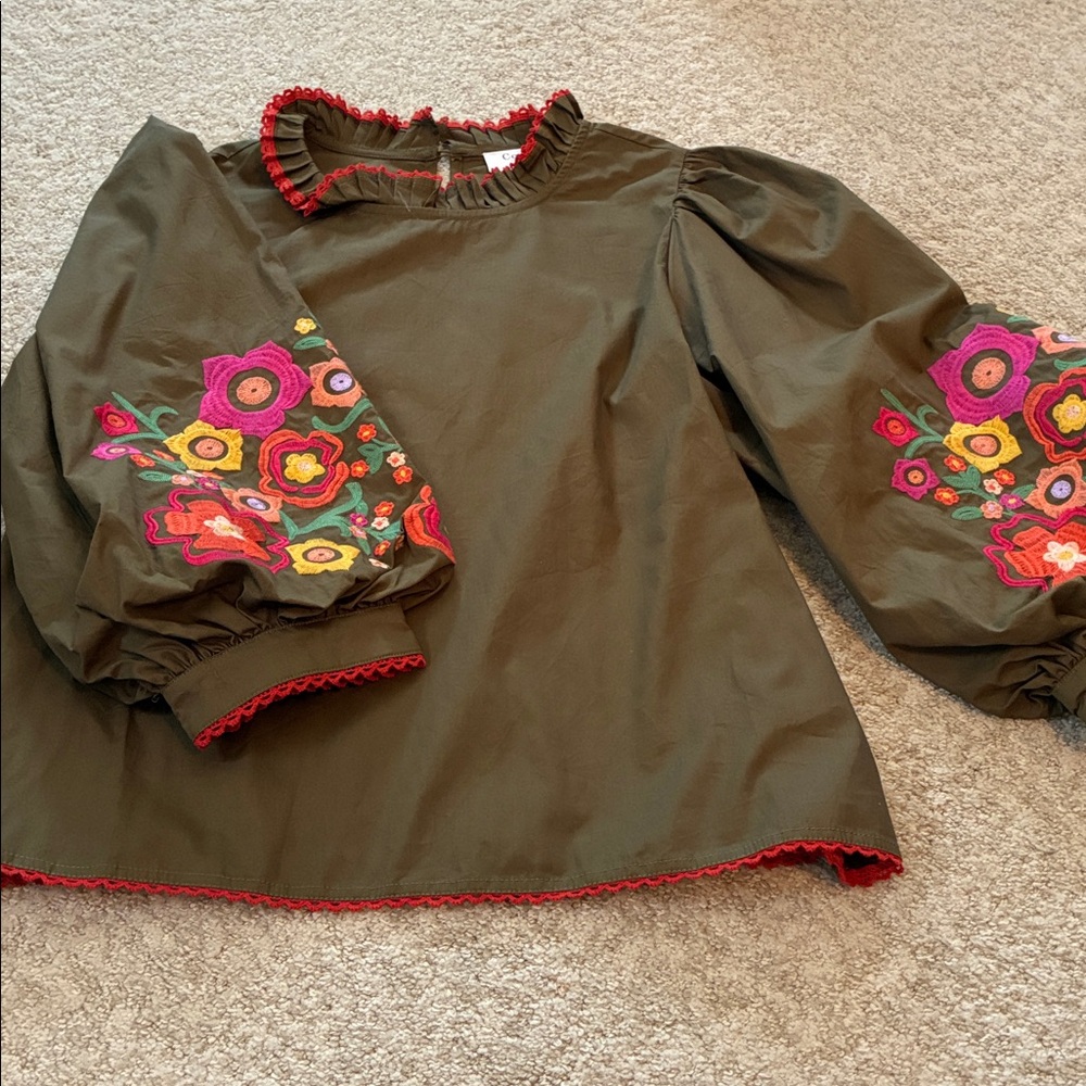 Embroidered Floral Olive Blouse